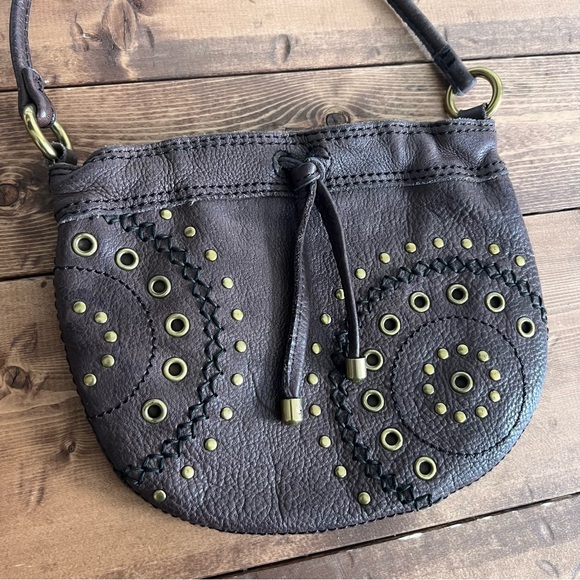 Fossil Small Brown Leather Crossbody Embellished Studded Purse Boho Festival Bag - Picture 14 of 15